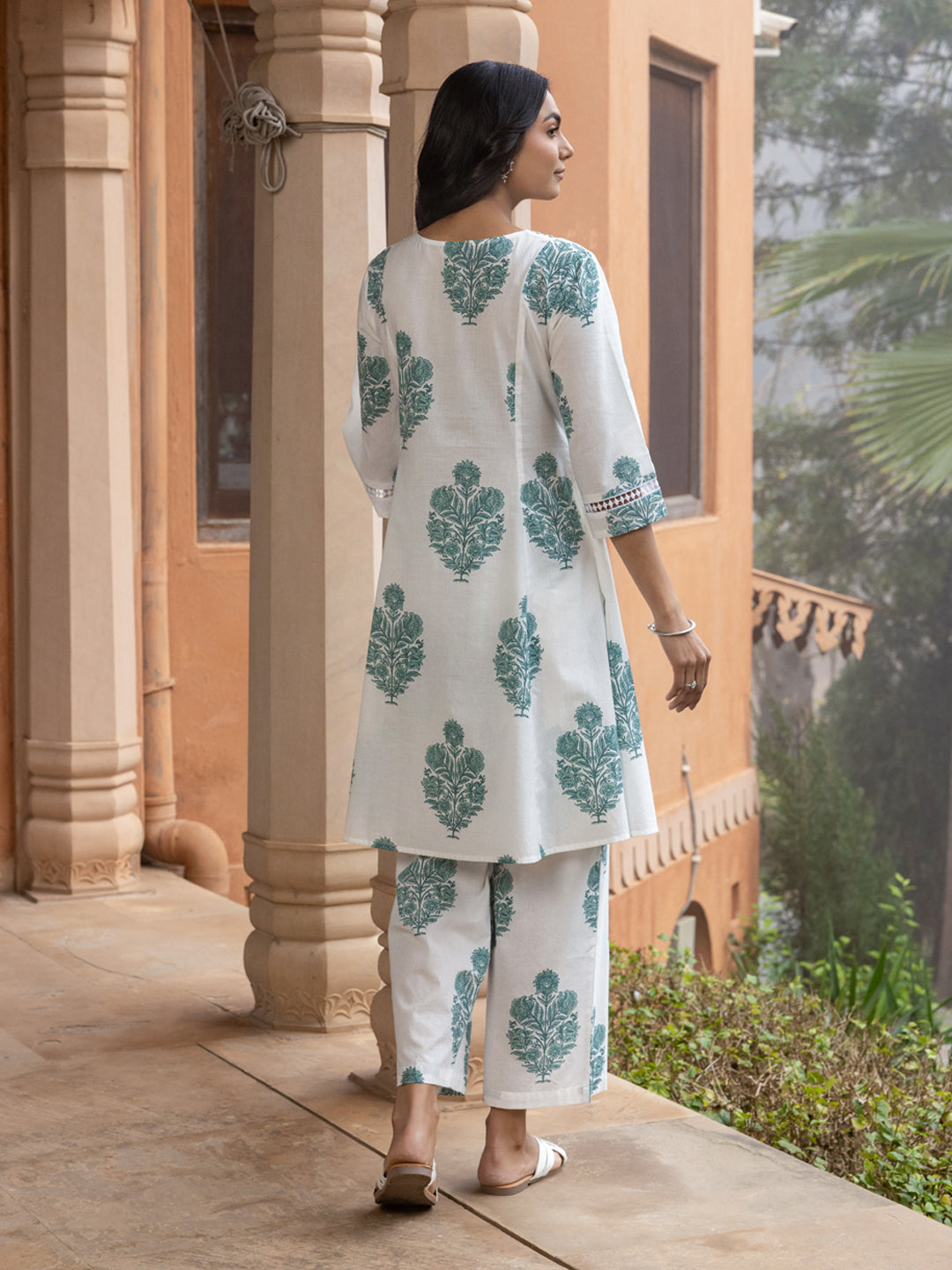 FIORRA Women's White Cotton Flared Kurta Set